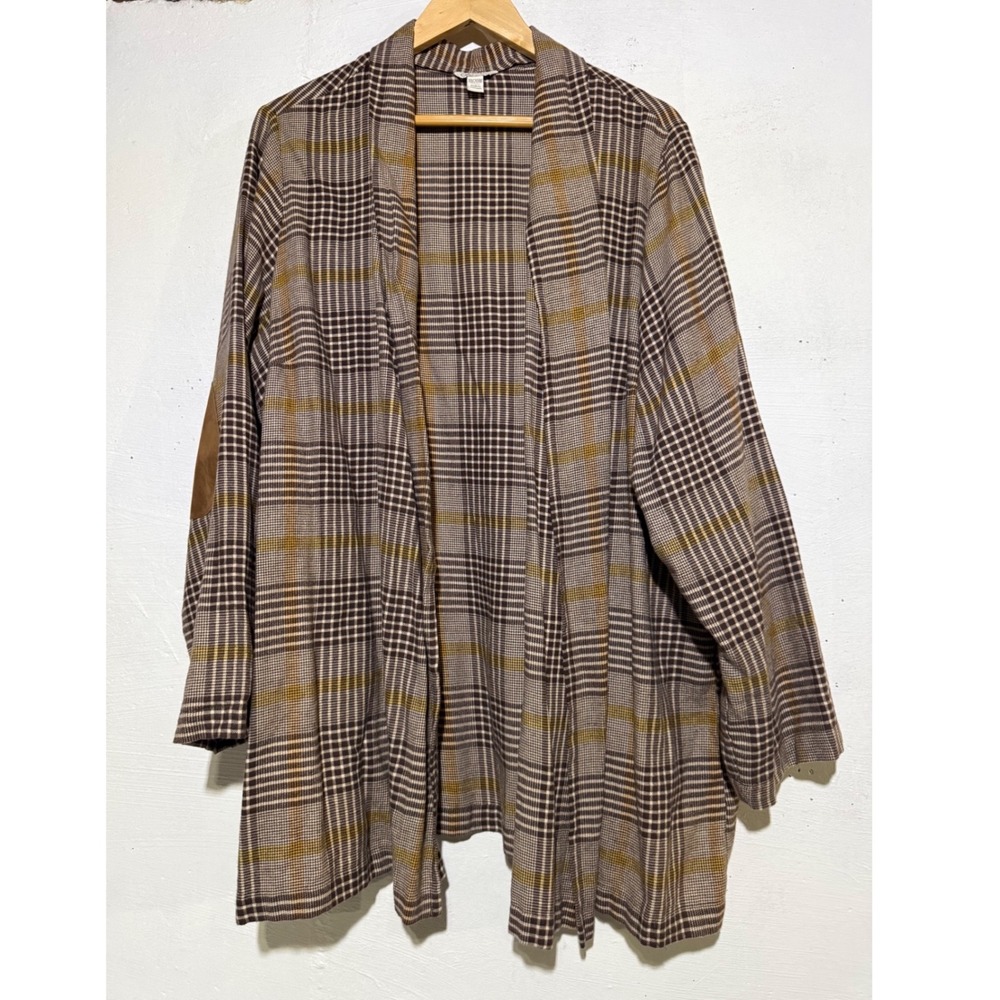 Cato Womens Plaid Open Front Cardigan 18/20W Brown Cotton Elbow Patch Academic